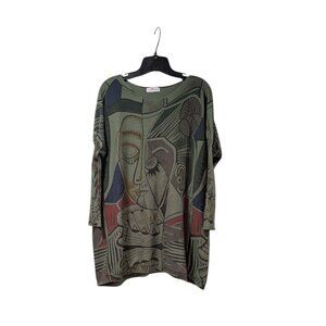 Ellazhu Olive Green Abstract Face Artsy Oversized Long Sleeve Tunic Sweater